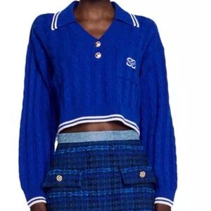 Sandro Cobalt Blue Cropped Cable-Knit Sweater with Polo Collar